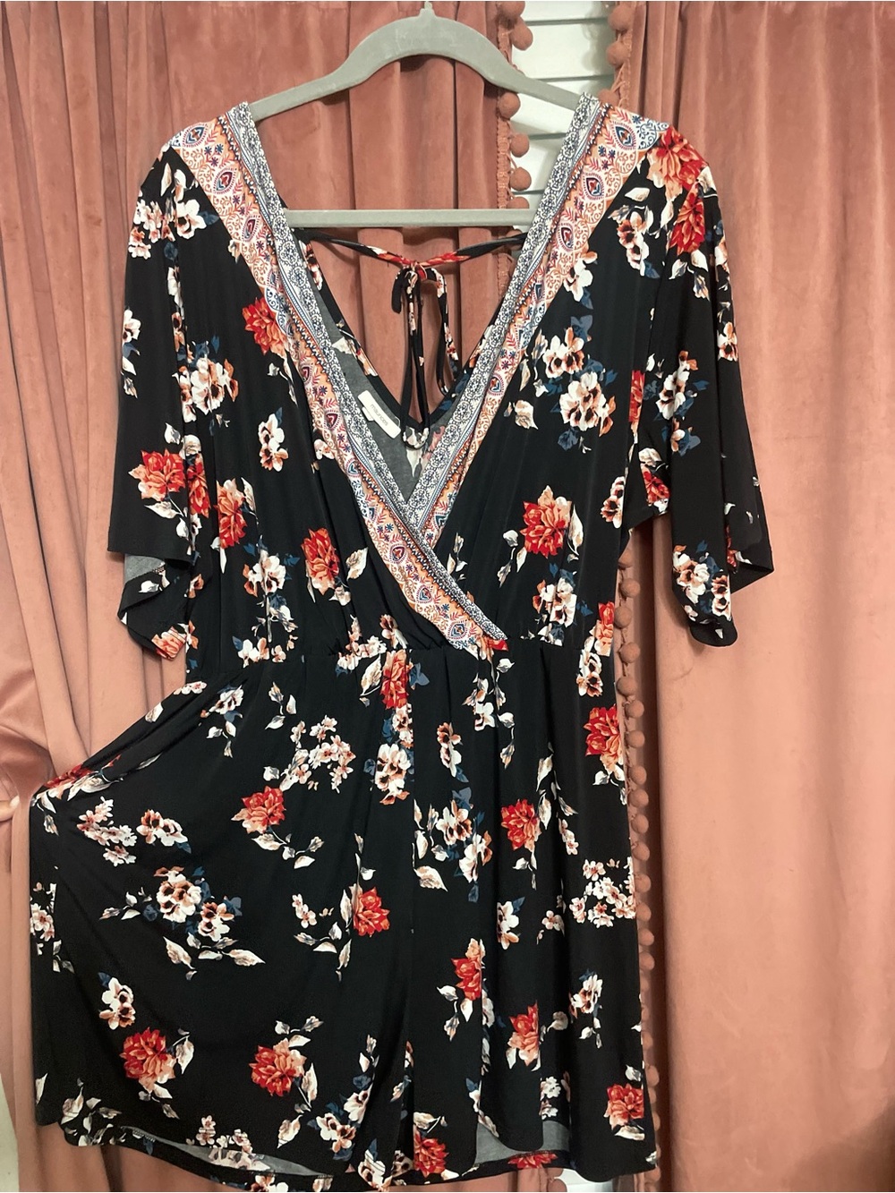 Black Floral V-Neck Romper with decorative Trim